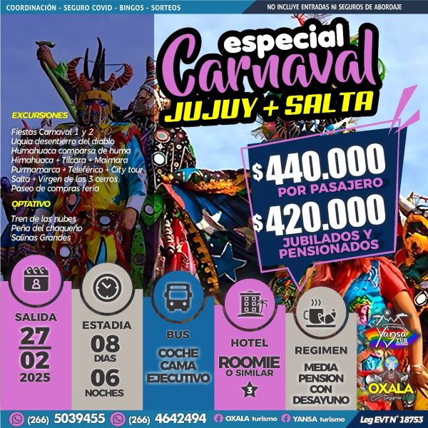 Especial Carnaval Jujuy + Salta (Salida: 27 de Febrero de 2025)