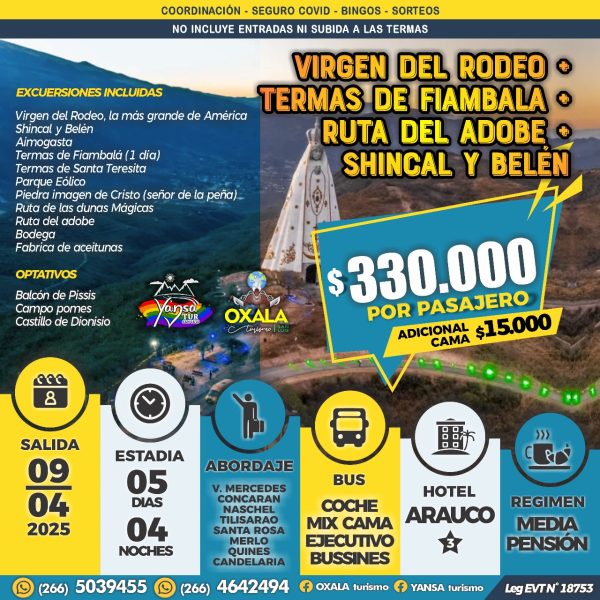 Virgen del Rodeo + Termas de Fiambalá + Ruta del Adobe + Shincal y Belén (Salida: 9 de Abril de 2025)